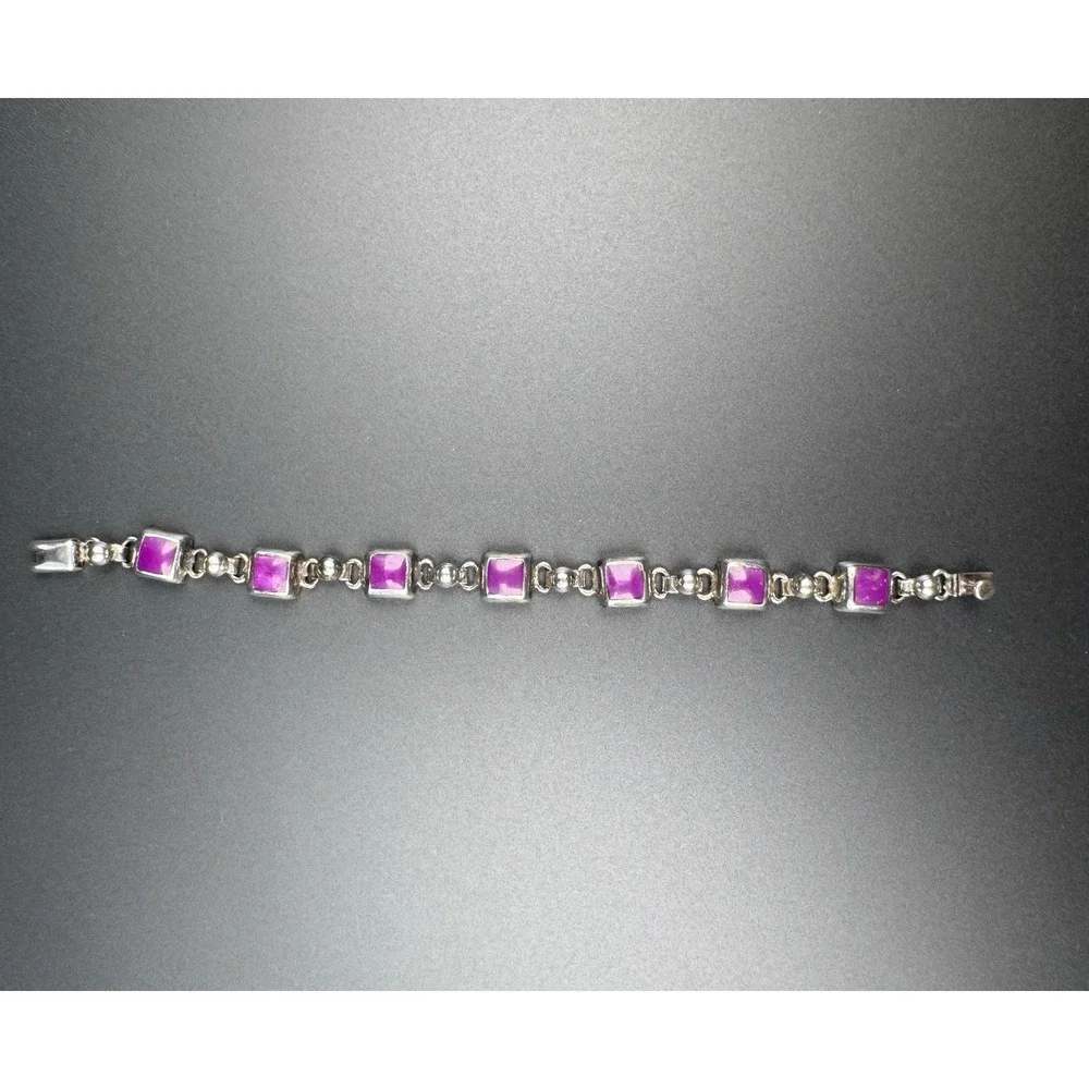 Mexico 925 Sterling Silver Purple Cabochon Link Bracelet 27.4g Vintage 7